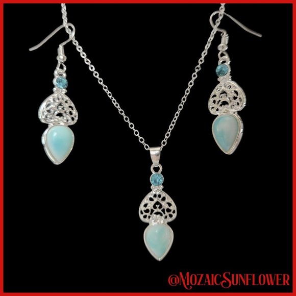 Aquamarine Larimar Silver Filigree Necklace and French Hook Earrings SET - Picture 4 of 5